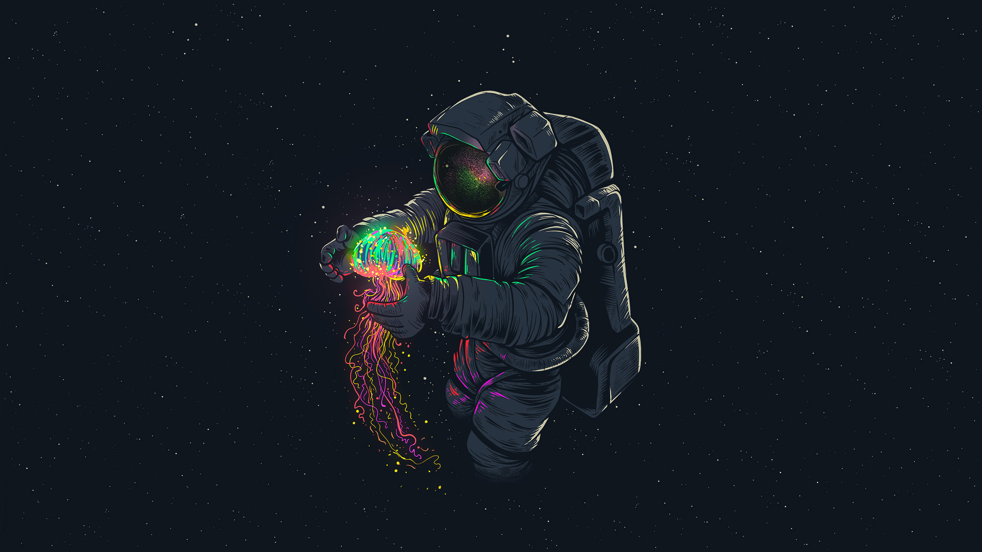illustration of an astronaut holding a rainbow colored jellyfish in space